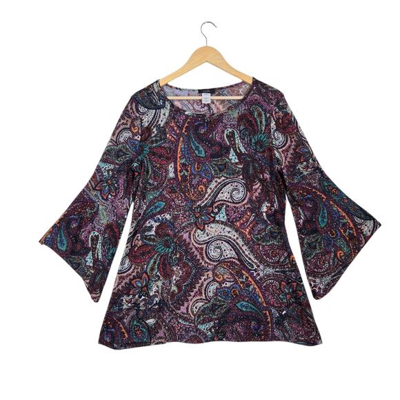 Cocomo Tops - Cocomo Top L Paisley Multicolor Metallic Shimmer Knit Flowy Bell Sleeve Boho